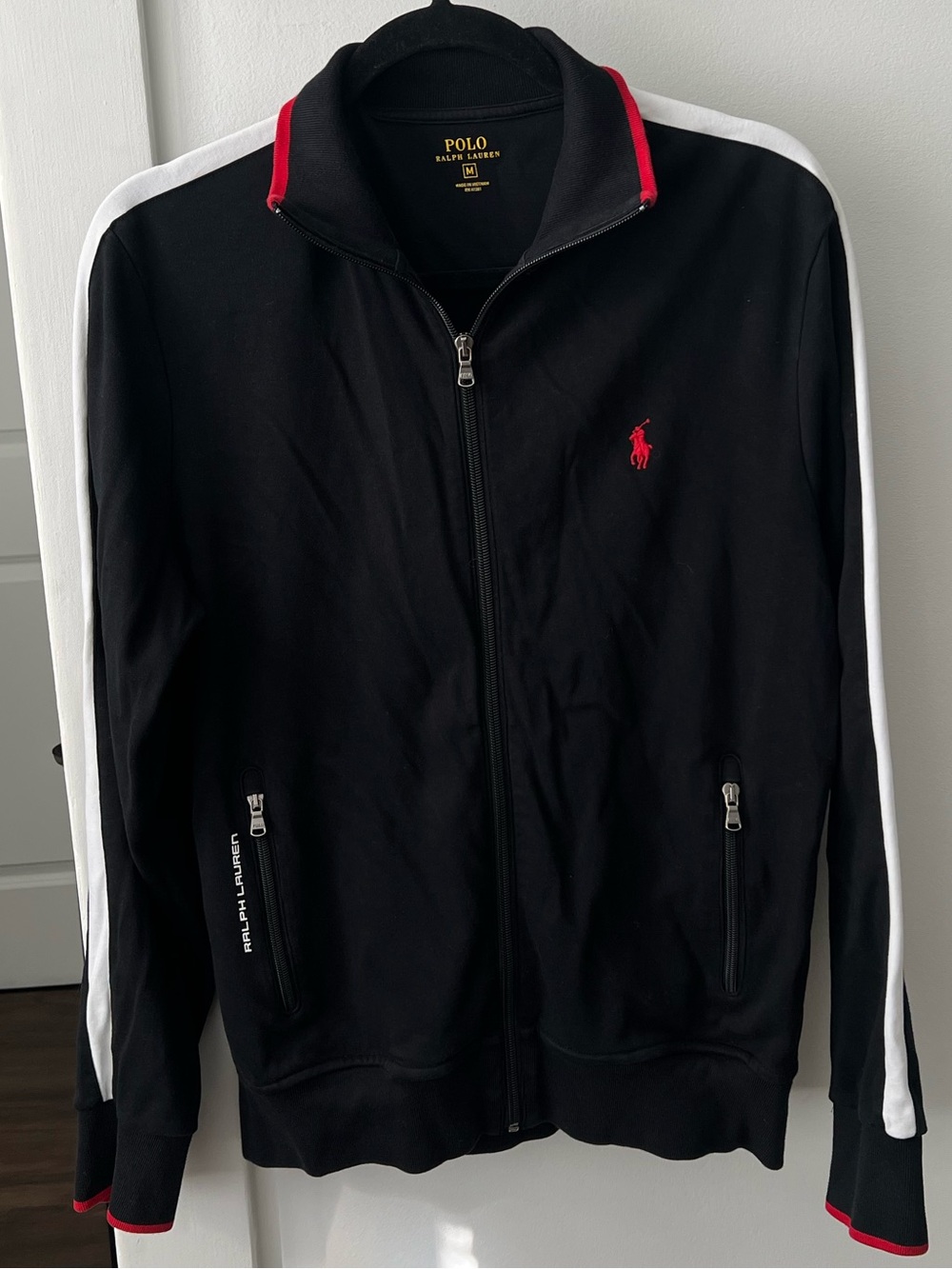 Ralph Lauren Black Bomber Jacket with White Stripes and Red Trim